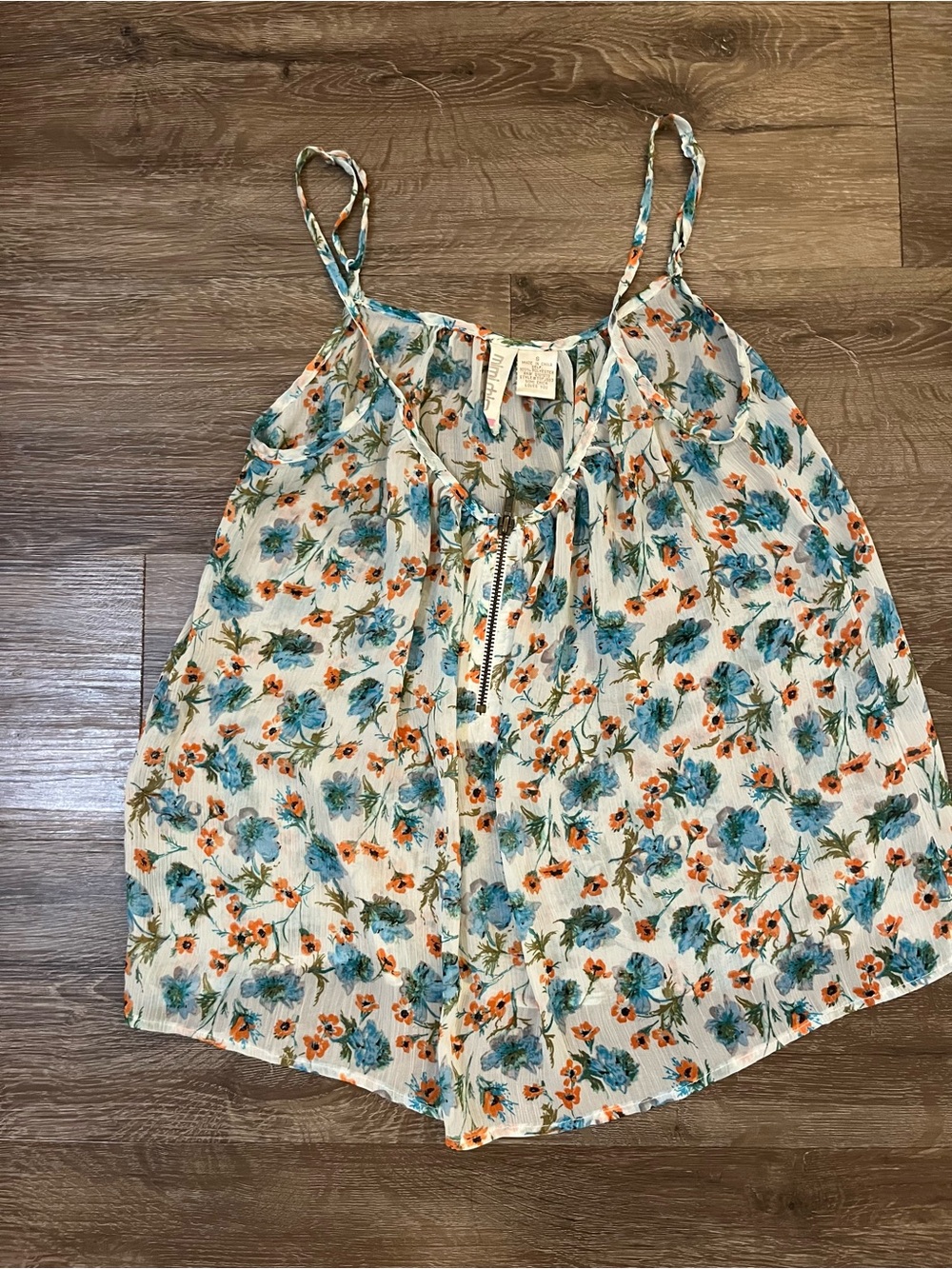 Mimi Chica White Floral Spaghetti-Strap Camisole with Blue & Orange Flowers